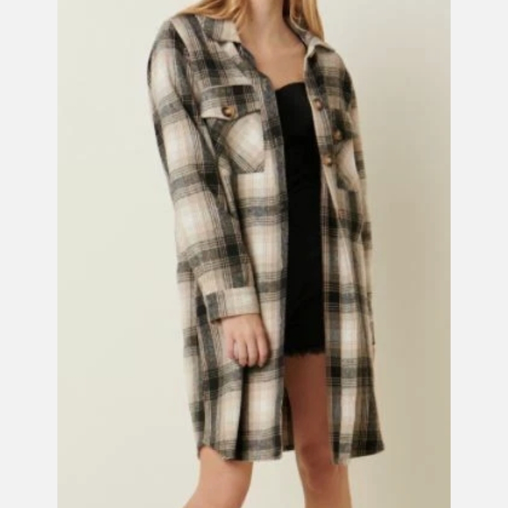 SHEIN Black Cream Plaid Long Shacket